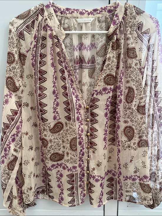 Zara Tops - Zara Cream Blouse with Purple & Brown Paisley